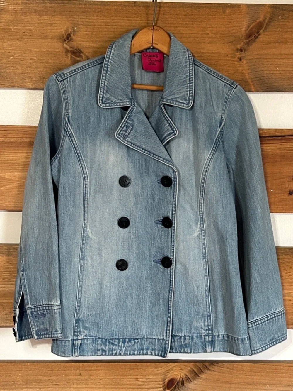 Carols Denim Double-breasted Jean Jacket Large Anchor Print Buttons w/Pockets S